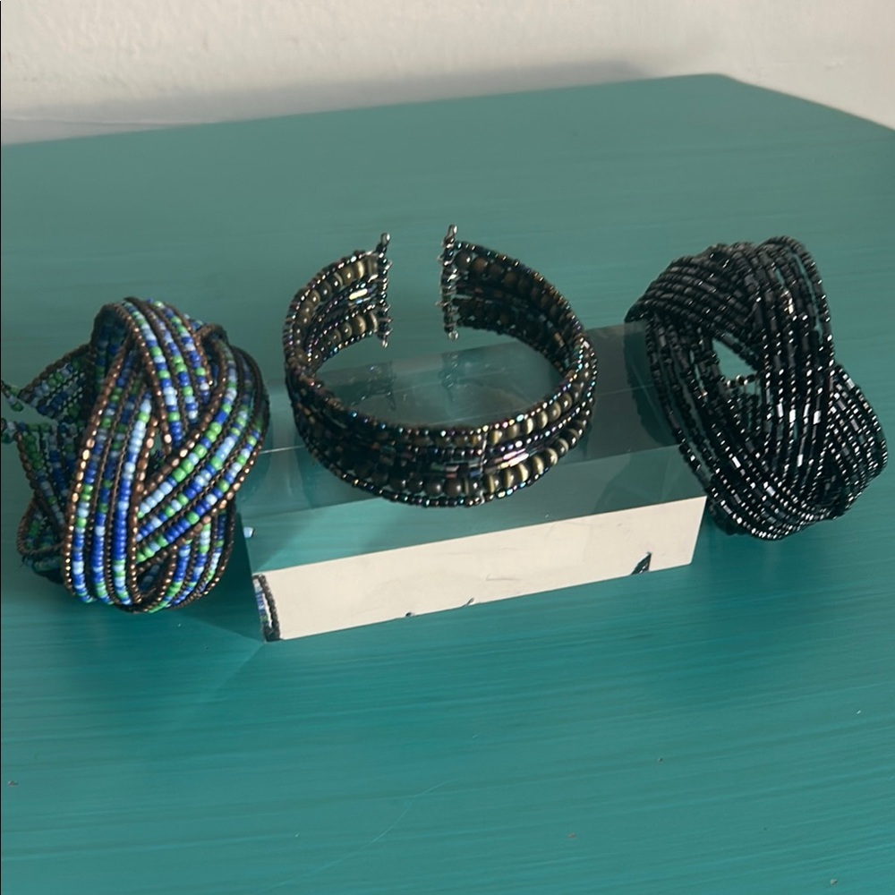 Set 3 Adjustable Wire Cuff Multicolored Glass Hem… - image 7